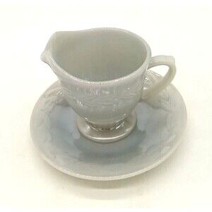 Vintage Fire King Blue Gray Lusterware Creamer & Saucer Laurel Pattern